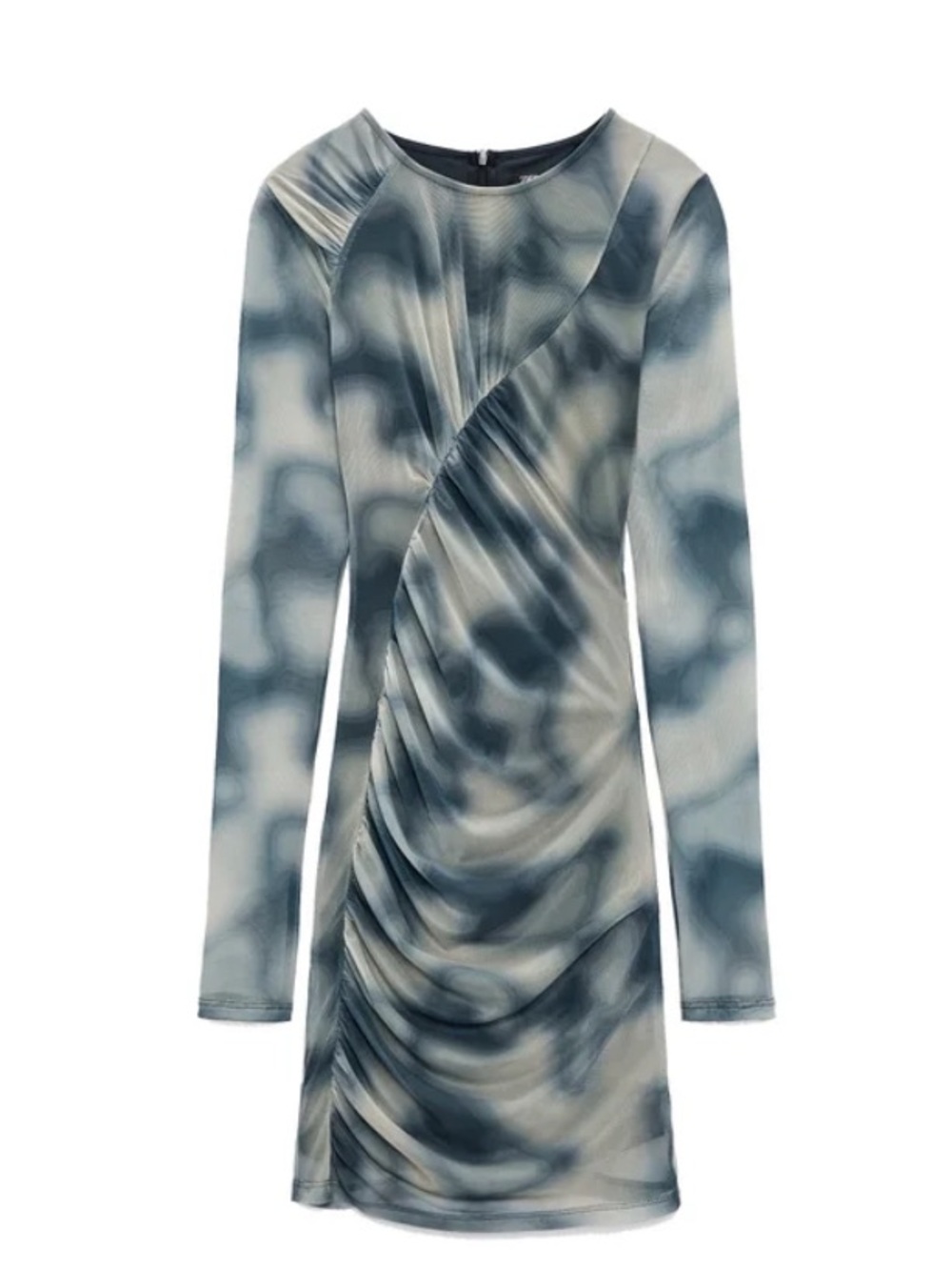 Zara Navy and White Tie-Dye Ruched Long-Sleeve Dress